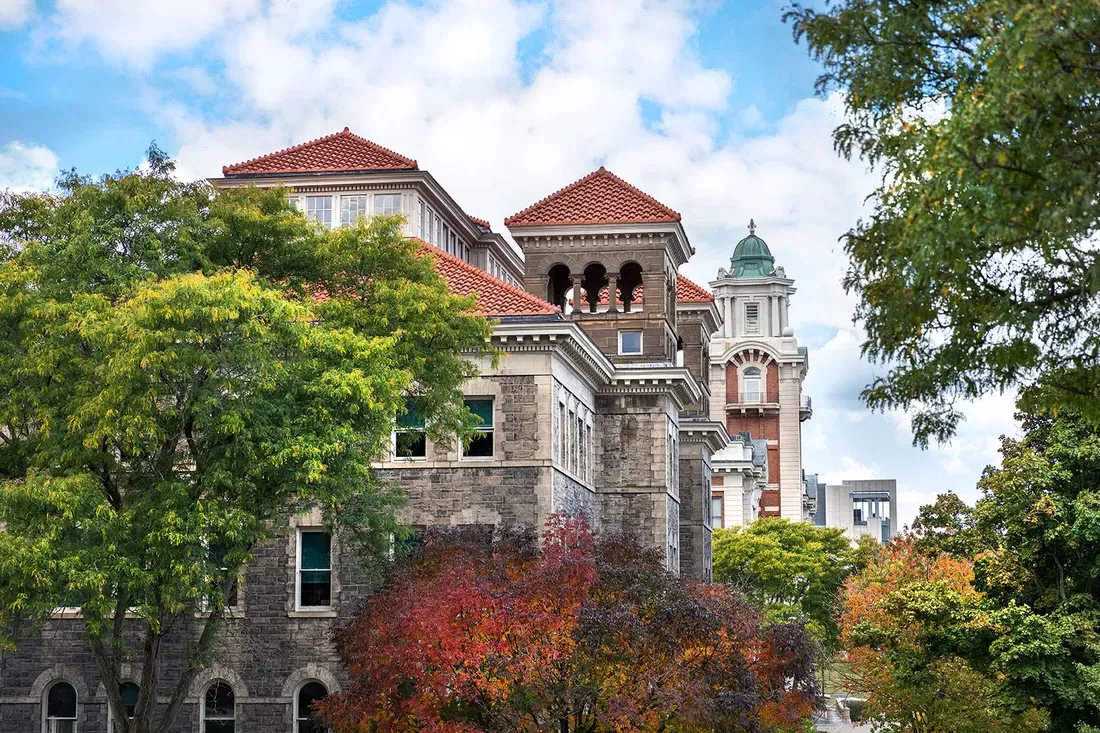 The exterior of buildings on campus.